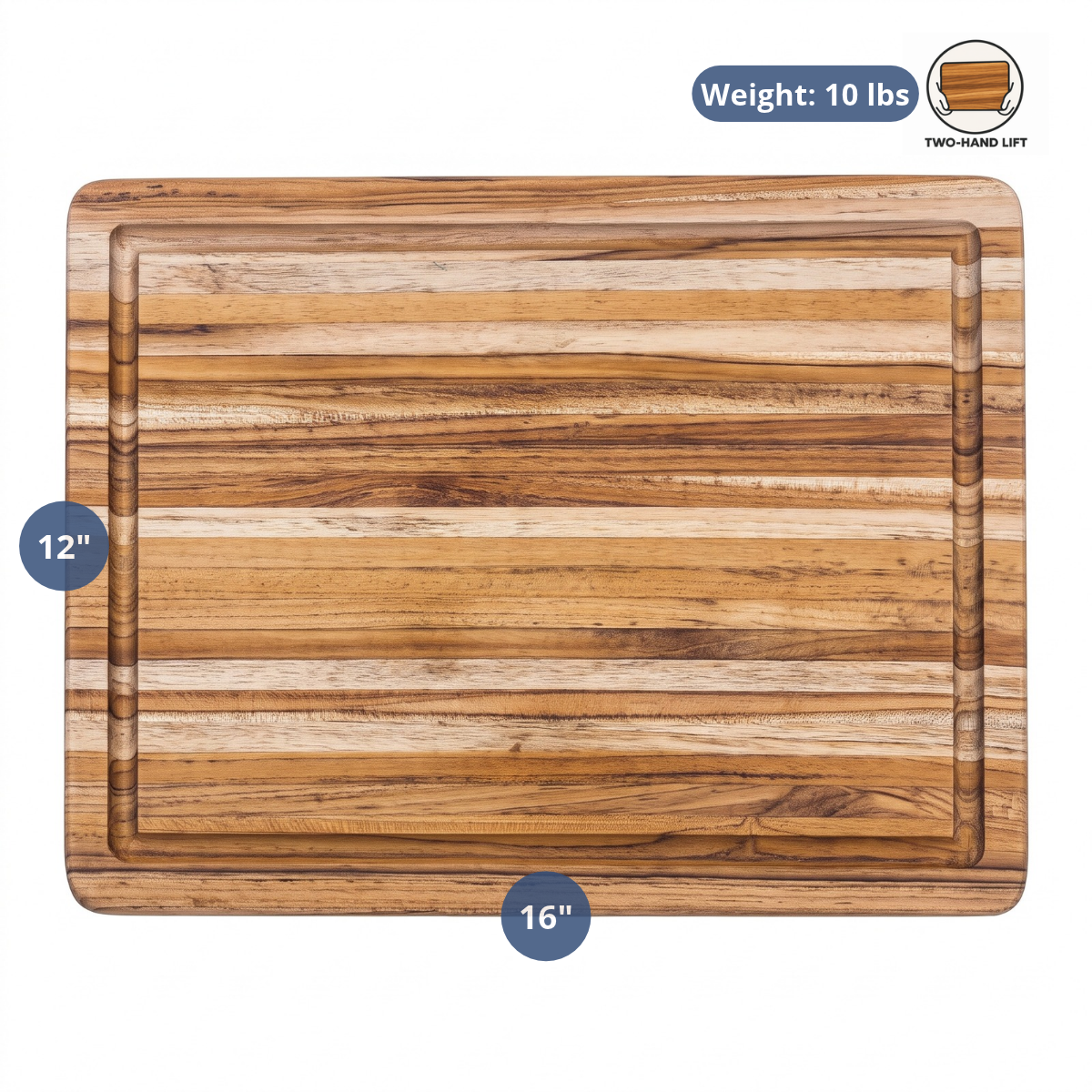 Professional teak wood carving board featuring a juice canal and dimensions of 16 by 12 inches.