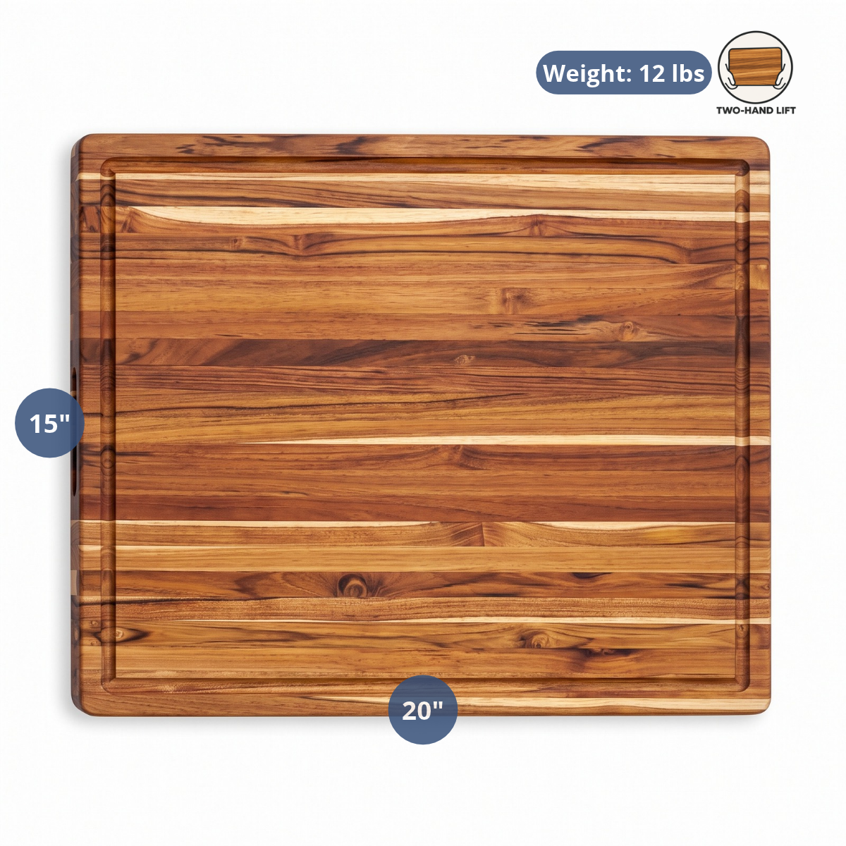 Traditional edge-grain teak wood carving board featuring a juice canal with dimensions and weight callouts.