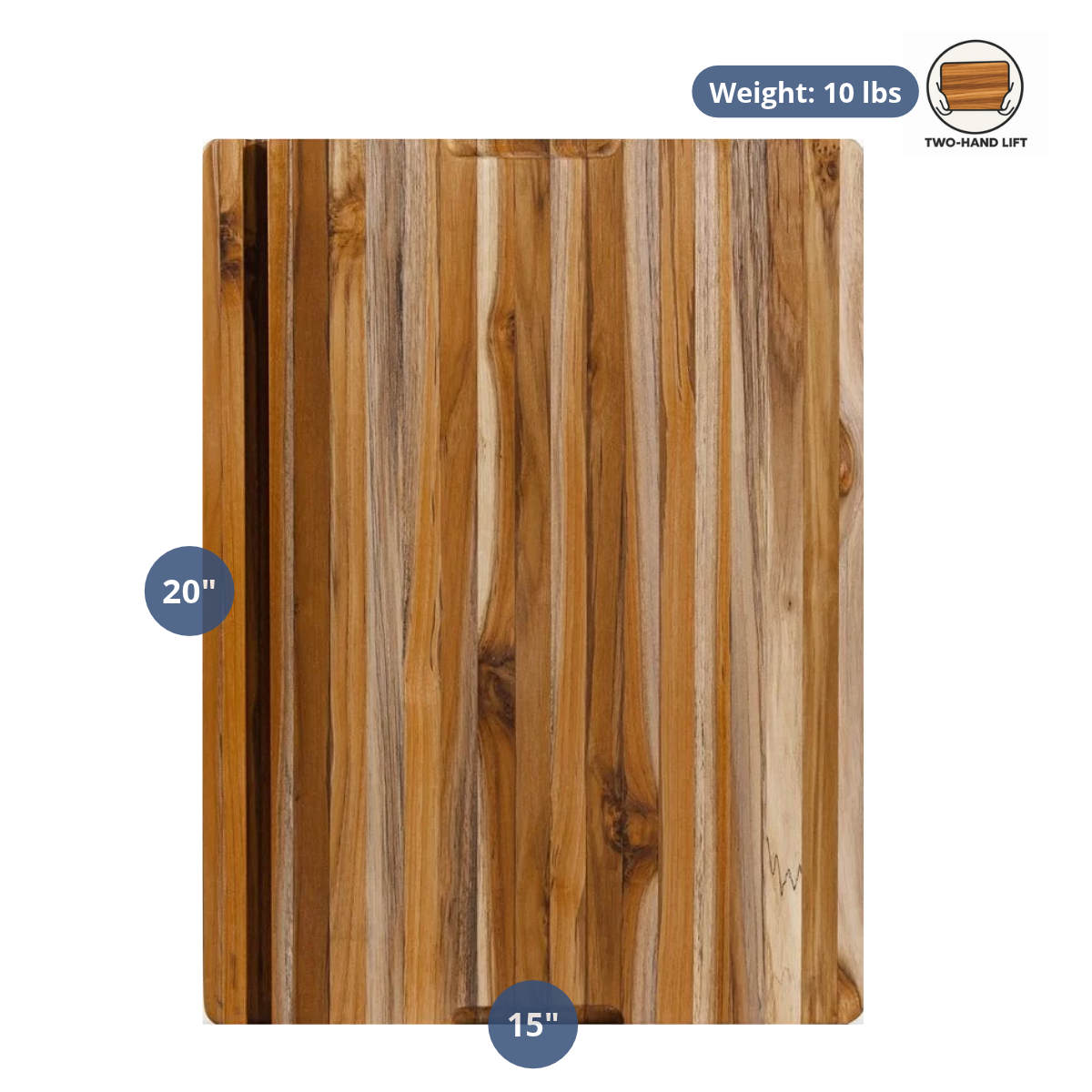 Smart edge grain teak cutting and carving board showing dimensions of 20 by 15 inches and weight of 10 pounds.