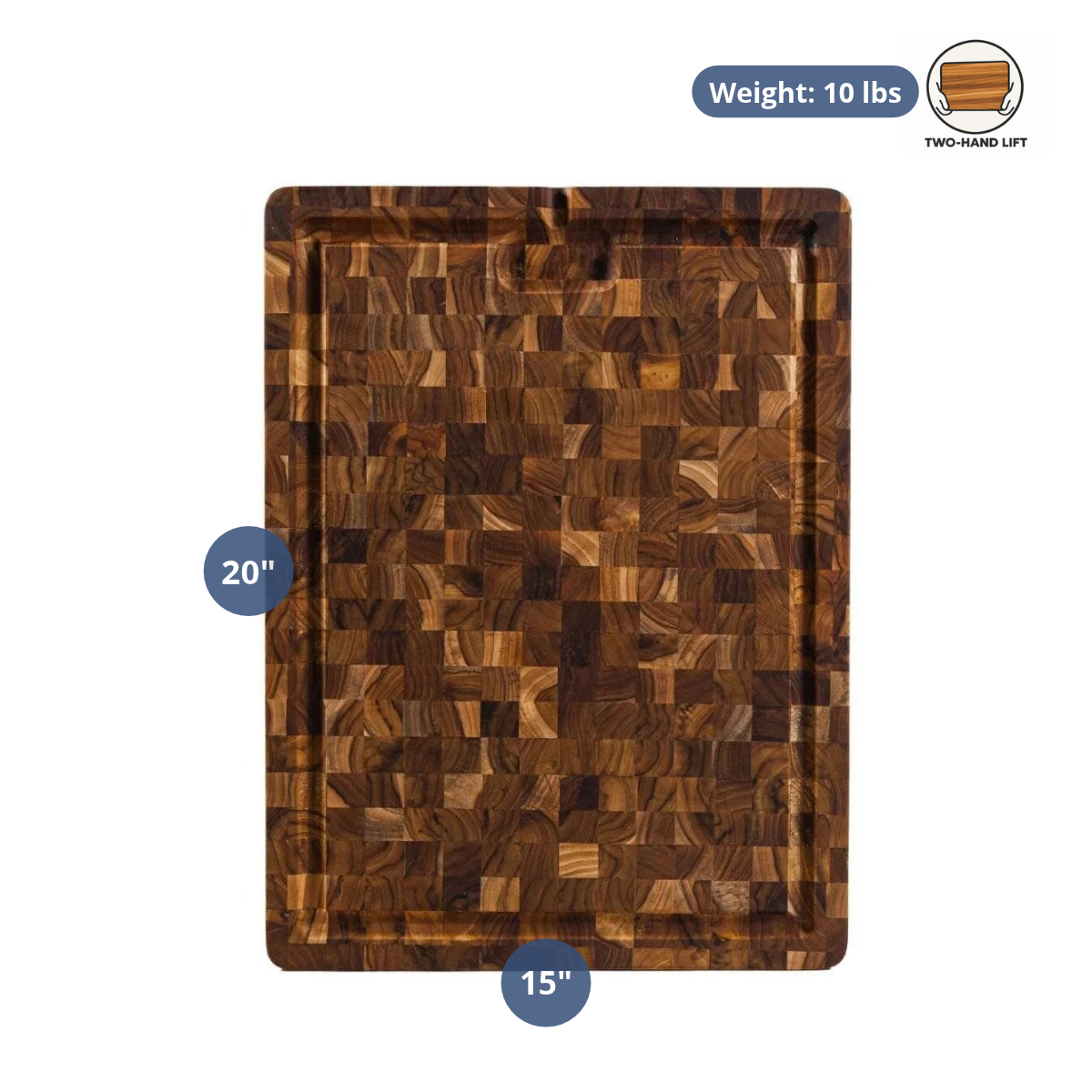 Smart end grain teak cutting board featuring dimension graphics and a 10 lb weight indicator on a white background.