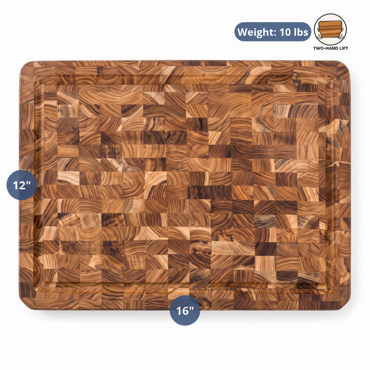End grain teak wood butcher block cutting board with dimensions 16 by 12 inches and weight details.
