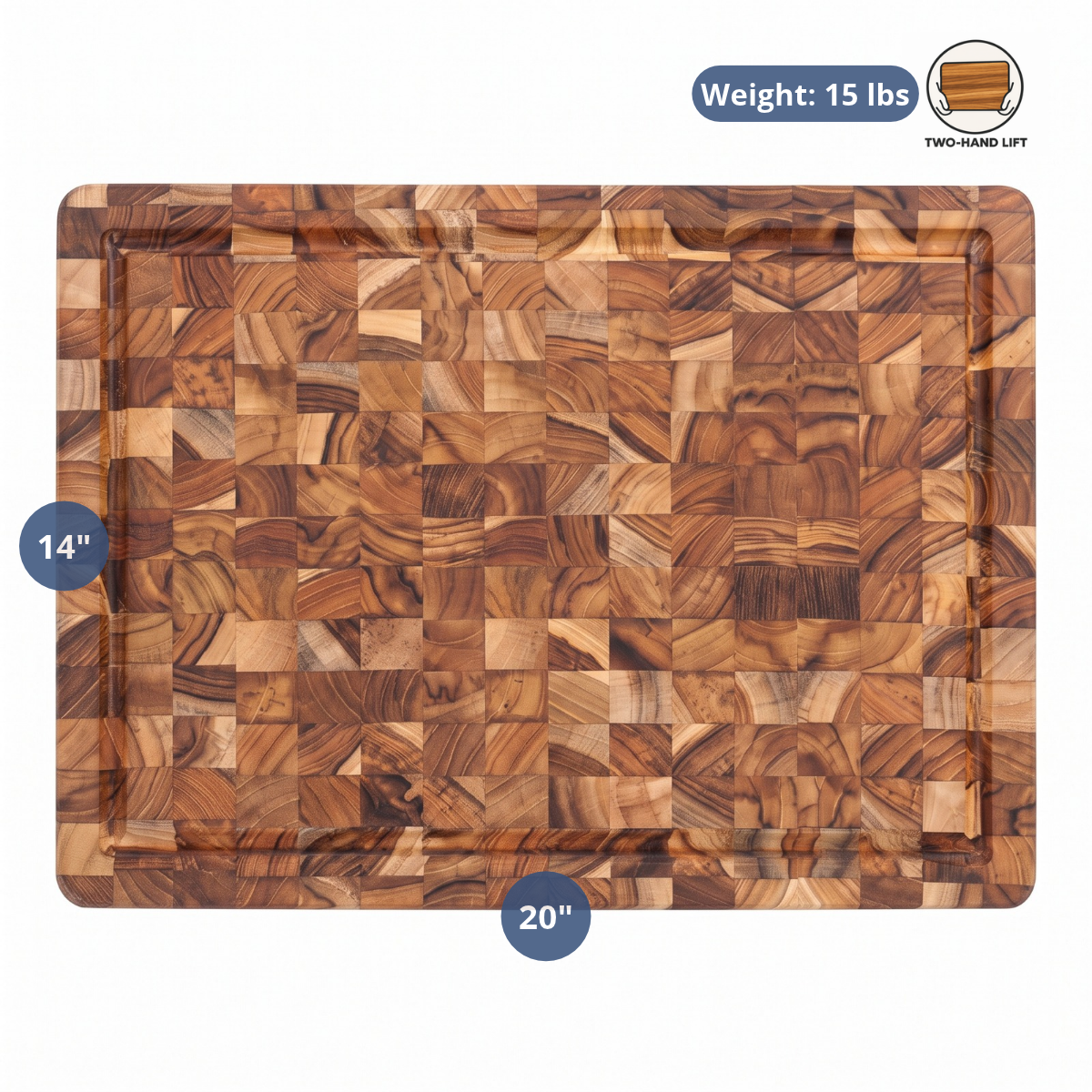 Extra-thick end grain teak carving board featuring dimensions and weight callouts against a white background.