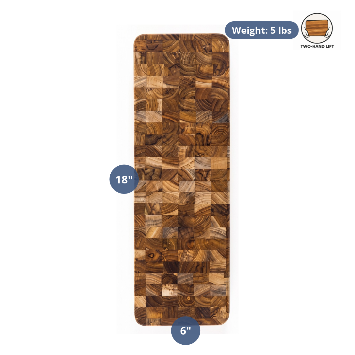 Diagram of an end grain teak cheese board showing dimensions of 18 by 6 inches and a weight of 5 lbs.
