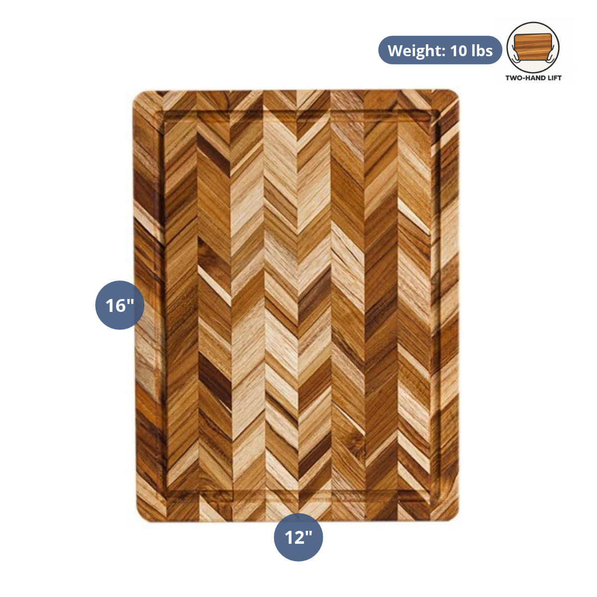 Rectangular herringbone teak cutting board with 16x12 inch dimensions and a juice canal.