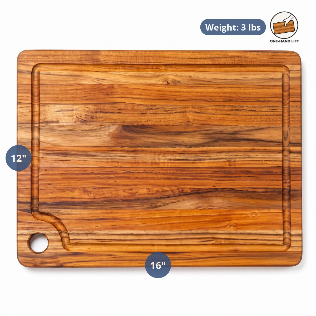 Rectangle Marine teak cutting board featuring a juice canal and 16x12 inch dimensions.