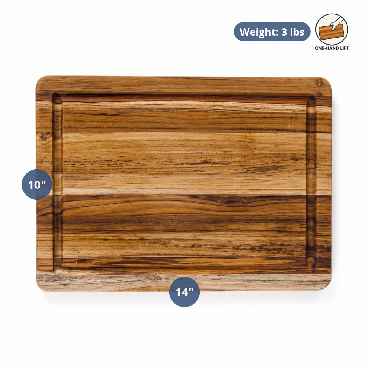 Lightweight 14x10 inch teak wood cutting board with dimensions, juice canal, and one-hand lift design.