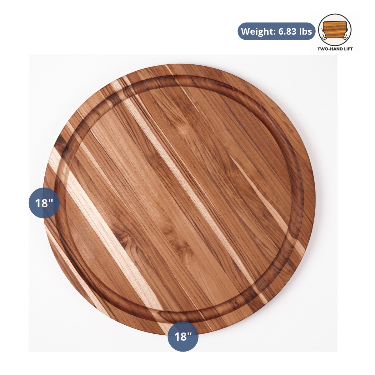 Scandi Round Carving Board made of brown teak wood featuring a perimeter juice canal and 18-inch size indicators.