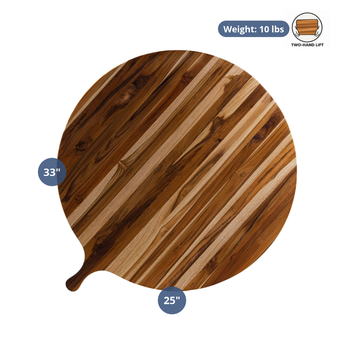 Extra-large round teakwood serving board with a handle, featuring dimensional and weight specifications.