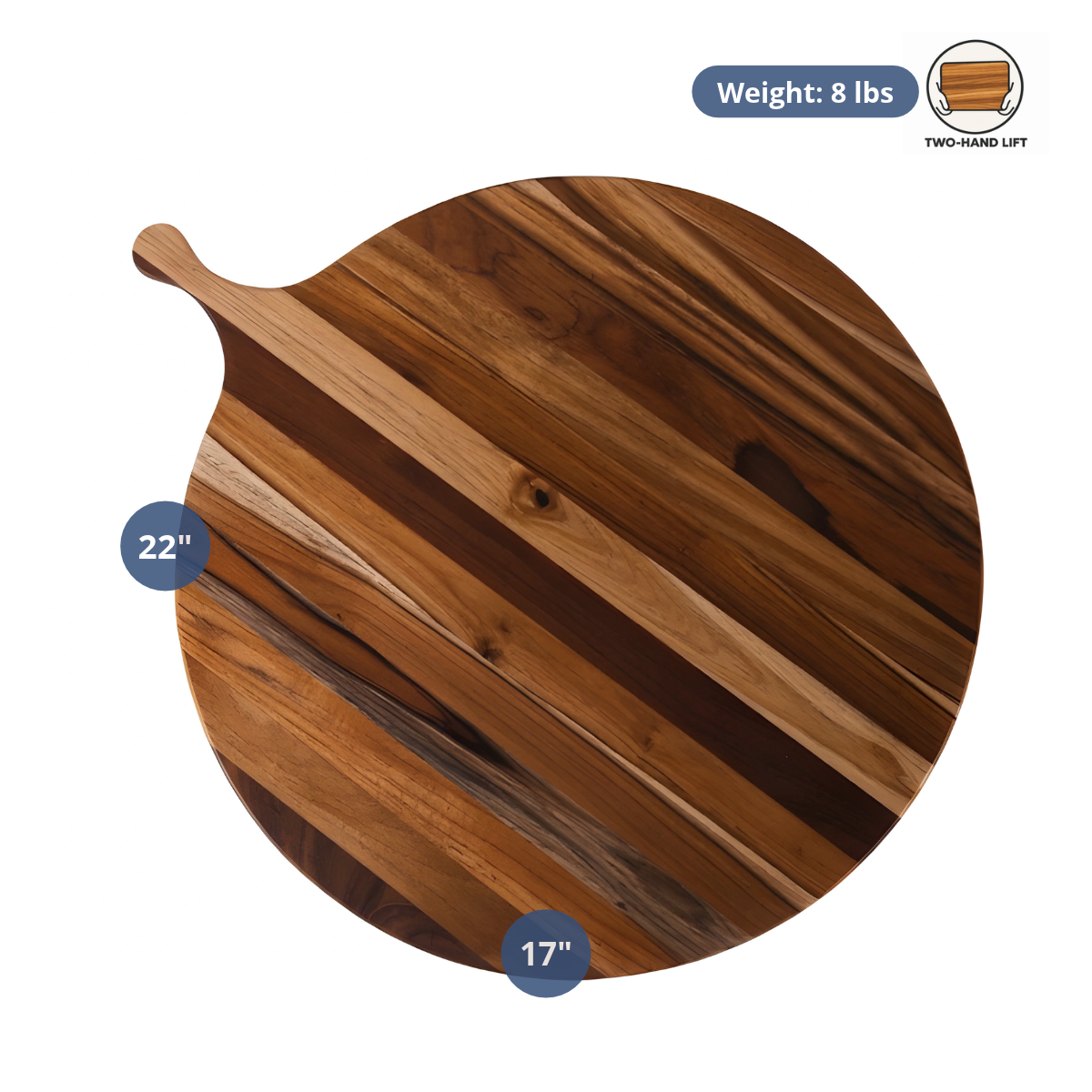 Large round wooden serving board with dimensions and weight info, crafted from sustainable teakwood with edge grain.