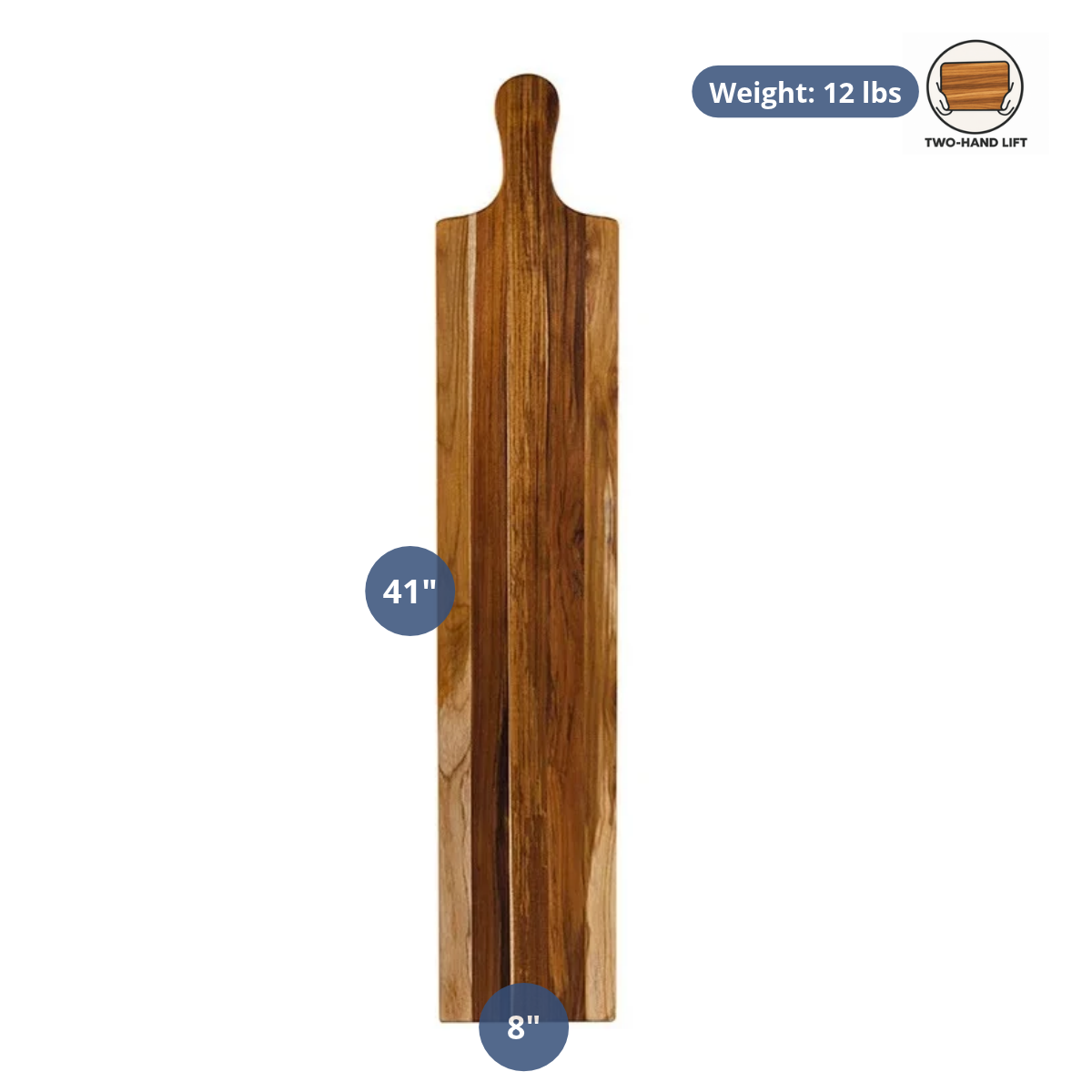 Extra-long teakwood table plank serving board featuring dimensions of 41 inches by 8 inches and a weight of 12 pounds.