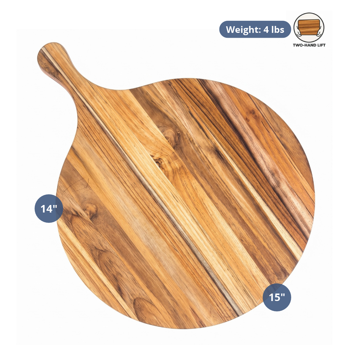 Round wooden pizza serving board with a handle, featuring edge grain teak patterns and product dimensions.