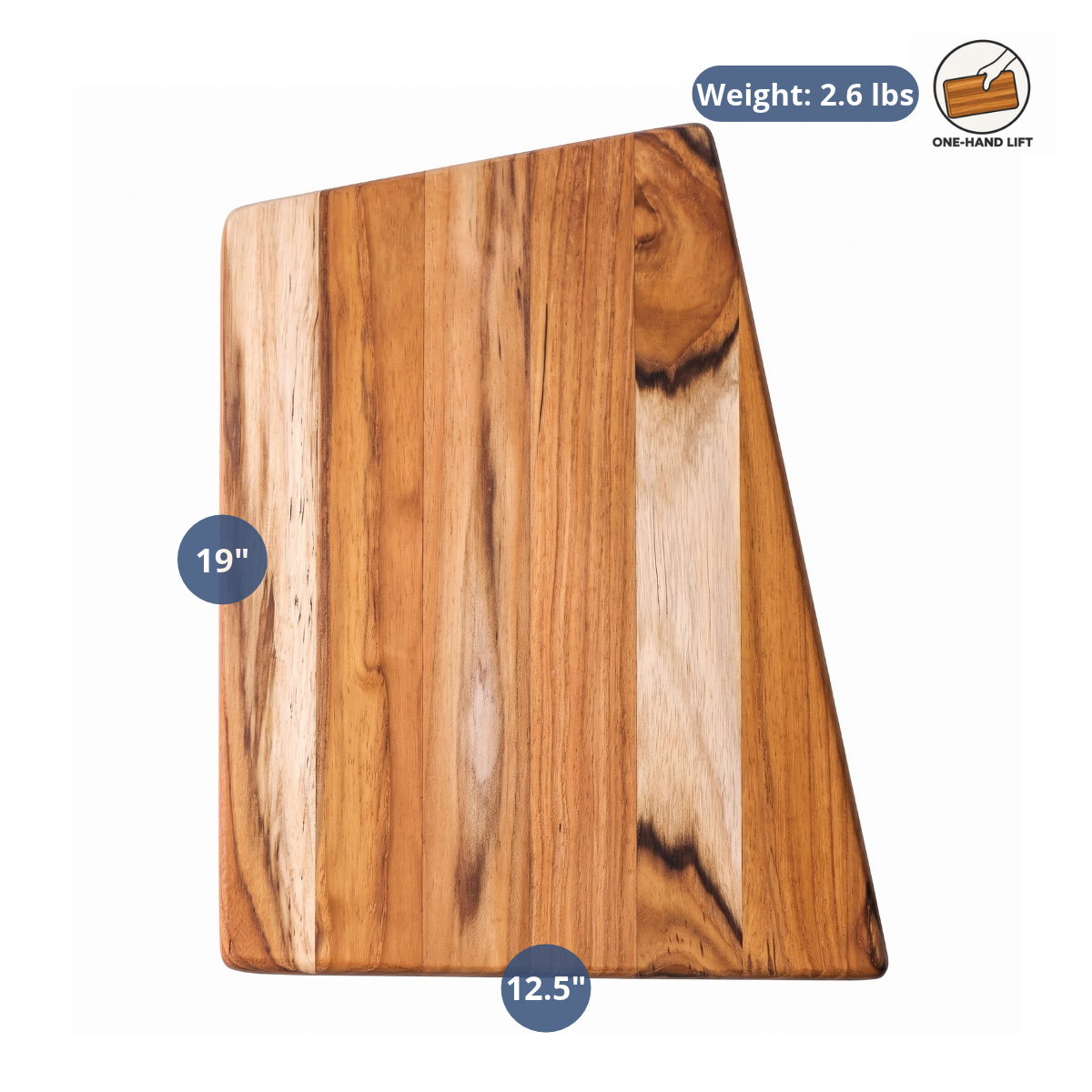 Large geometric trapeze-shaped teakwood cutting and serving board showcasing natural wood grain patterns and product dimensions.