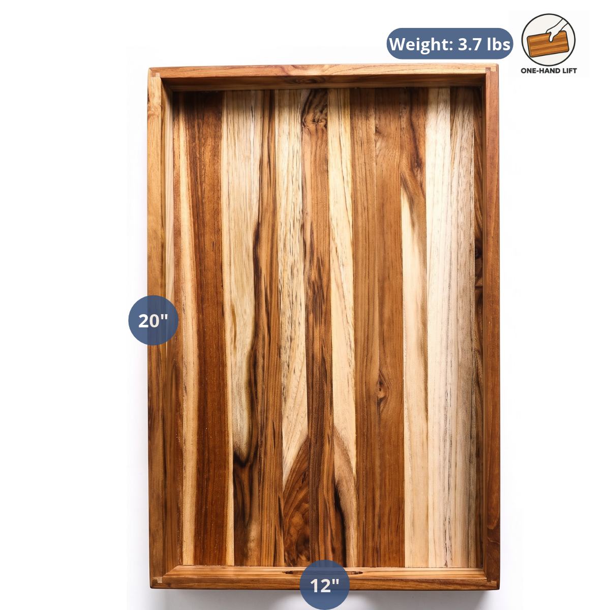 Large rectangular wooden serving tray made from sustainable teakwood featuring dimension overlays.