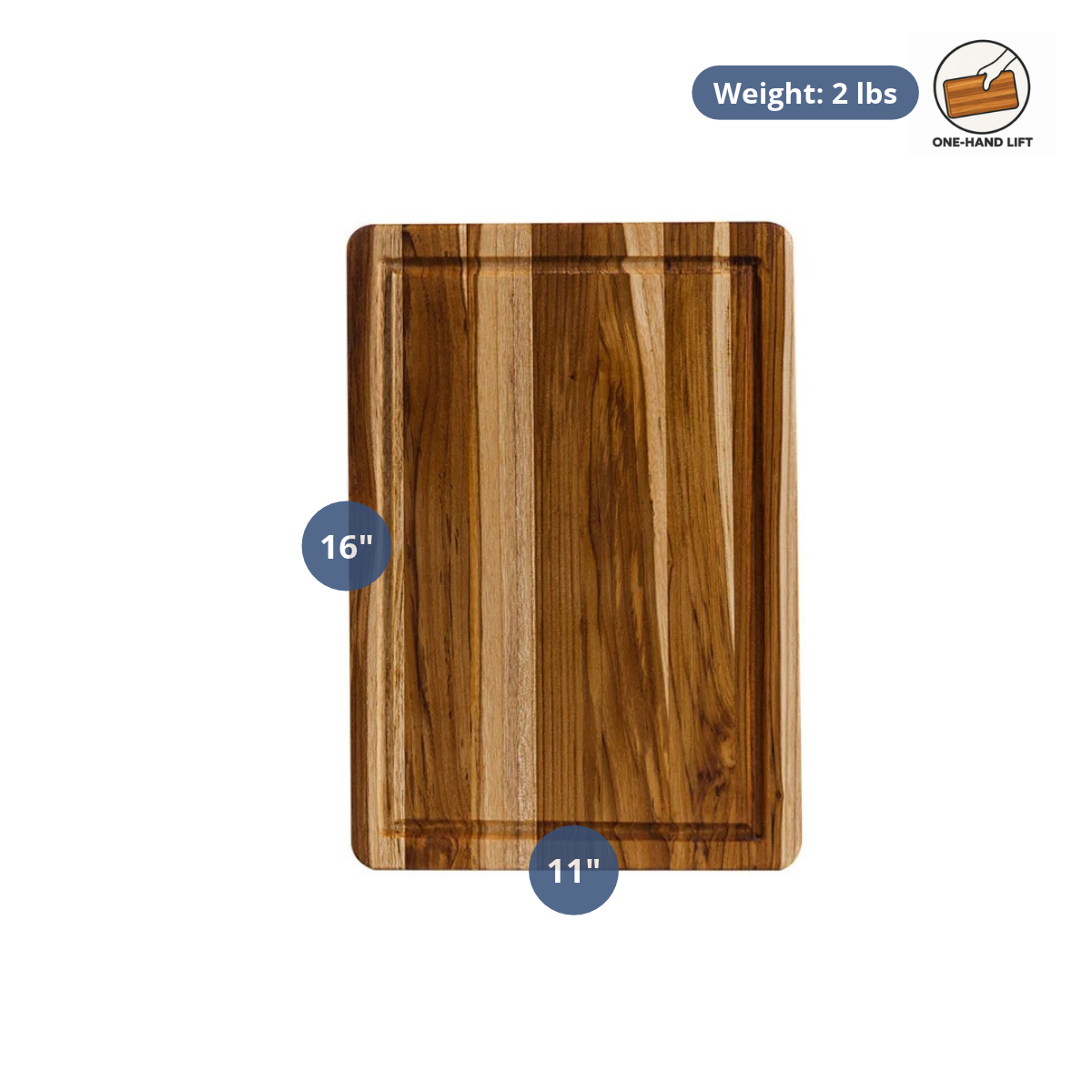 Essential teak cutting board featuring dimensions 16 by 11 inches, a juice canal, and weight indicator callouts.