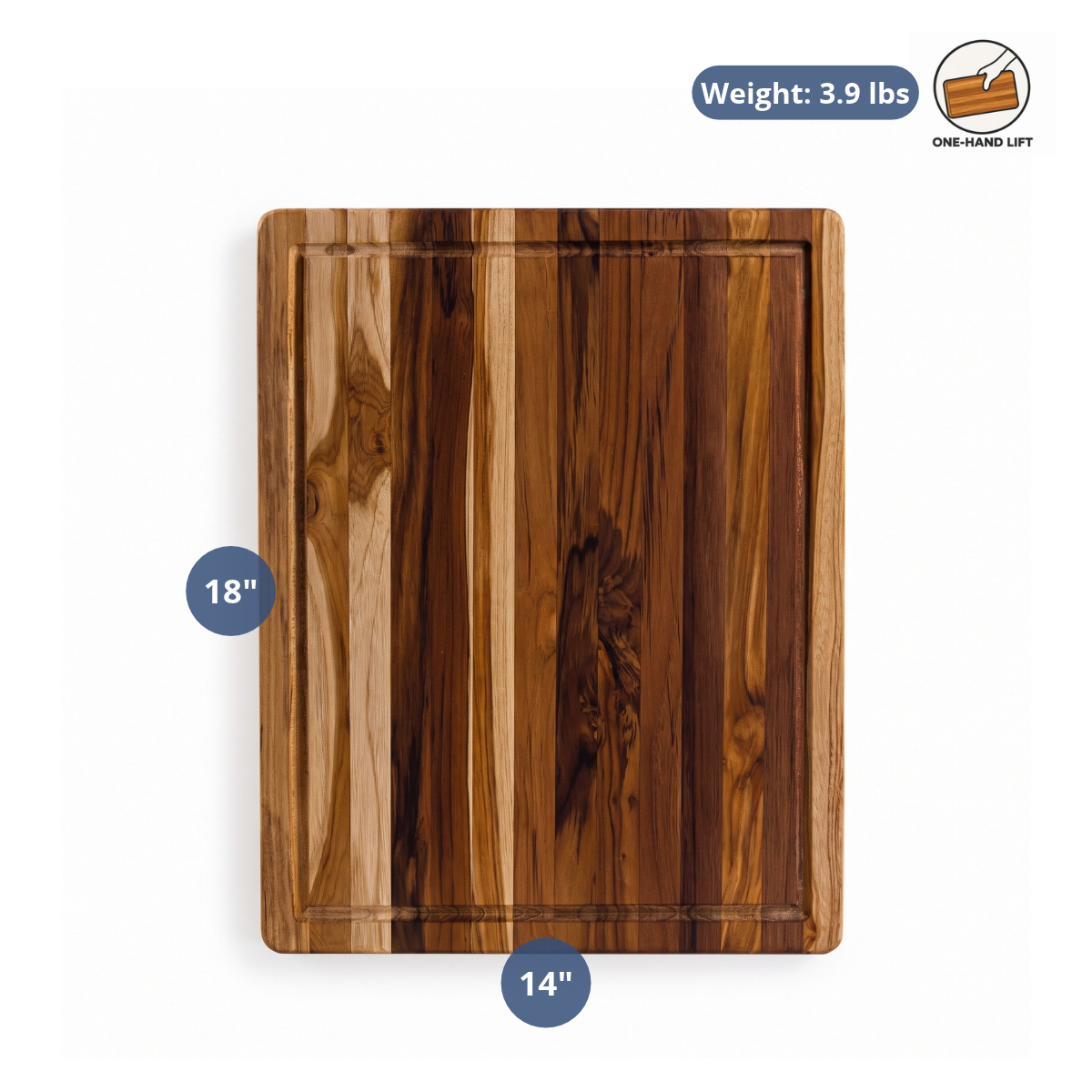 Marine rectangle teak carving board displaying dimensions 18 by 14 inches and weight with a juice groove.