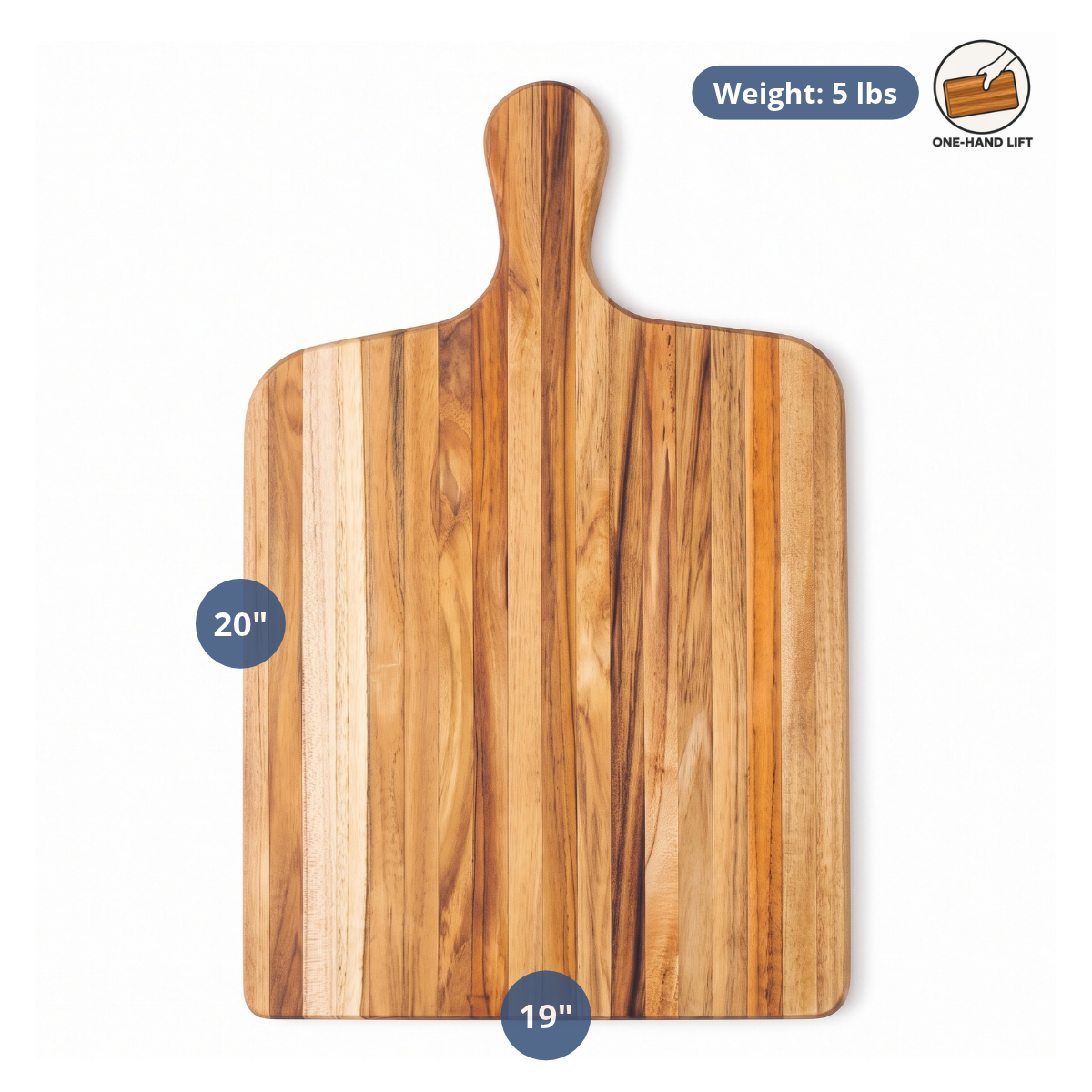 Large teak paddle cutting and serving board displaying dimensions and weight overlay icons.