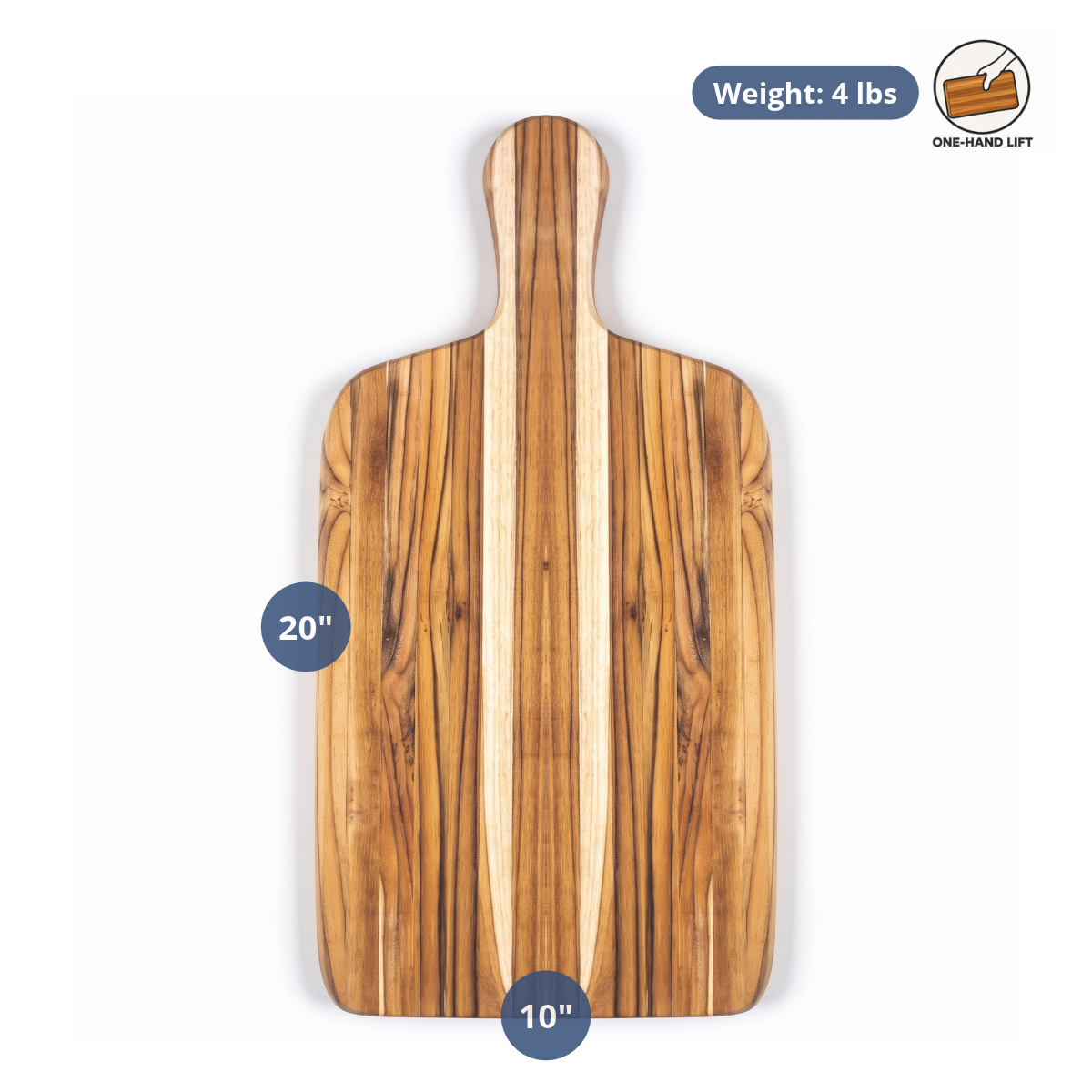 Marine paddle teak wood cutting and serving board displaying dimensions of 20 by 10 inches and a weight of 4 lbs against a white background.