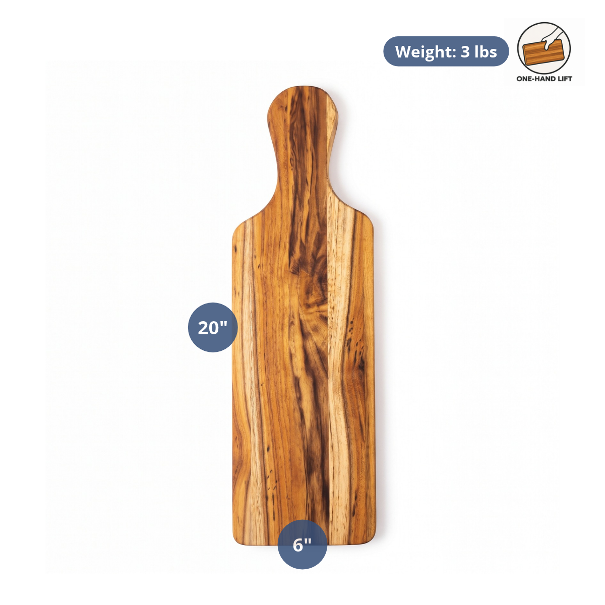 Marine paddle teak serving board with dimension overlays showing 20 by 6 inches and a weight of 3 pounds.