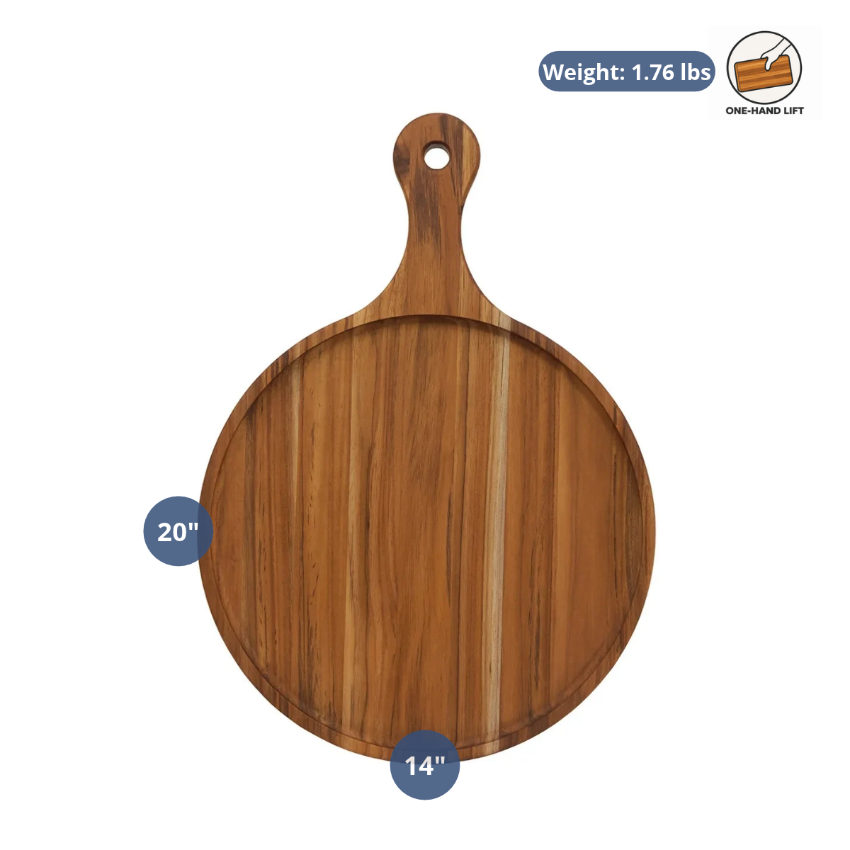 Round teak serving board featuring a paddle handle and dimension indicators.