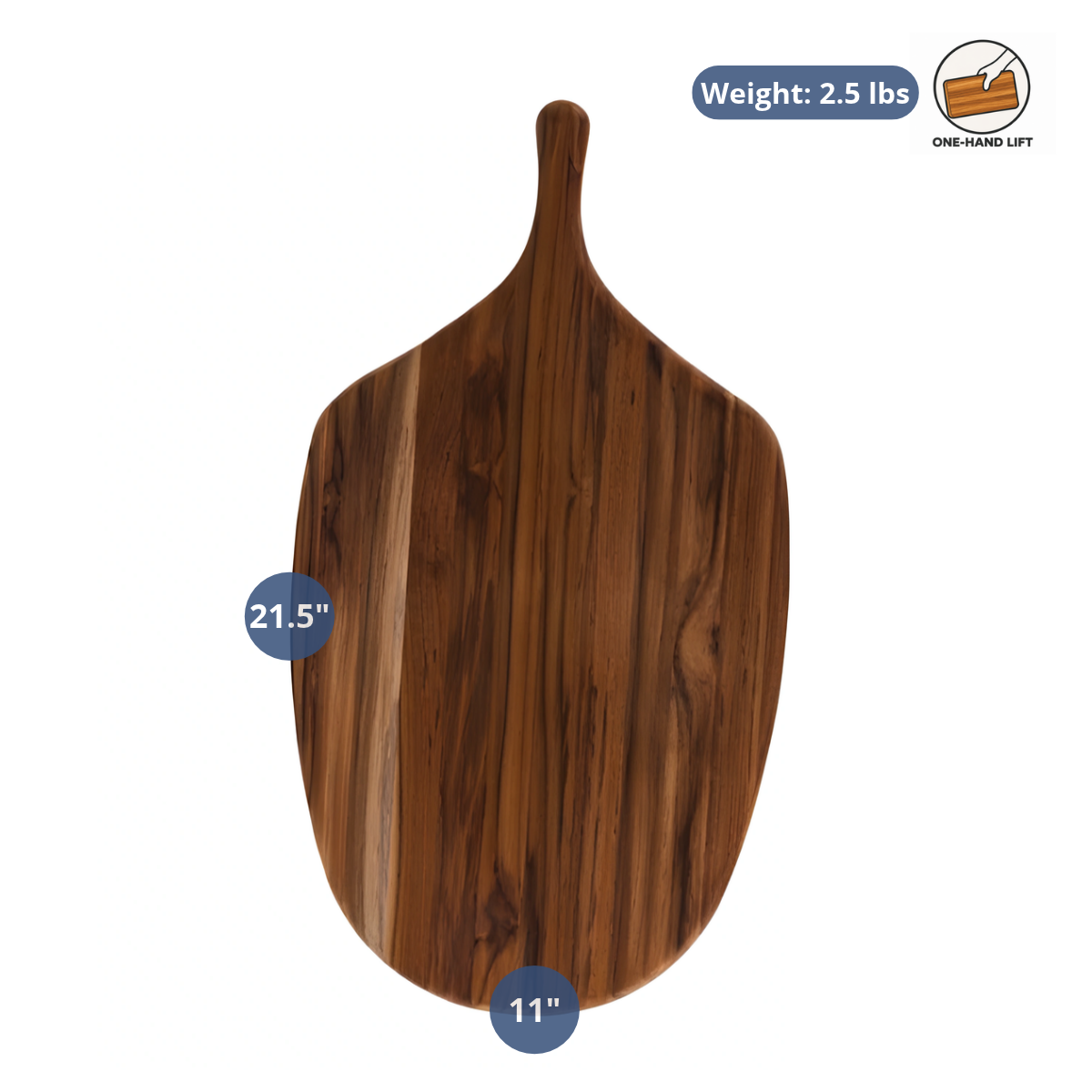 Large paddle-shaped teak serving board with dimension overlays showing width and height.
