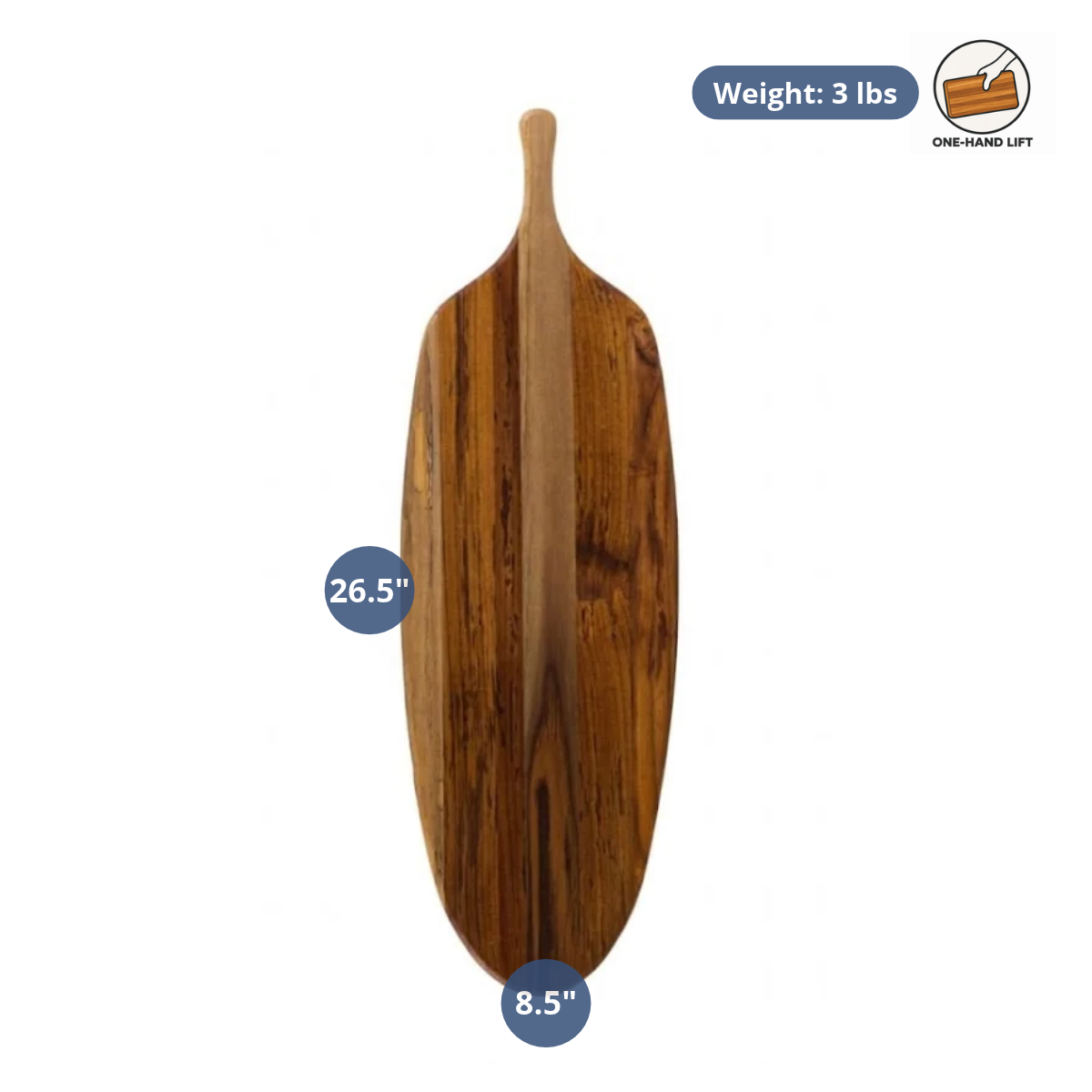 Long wooden canoe-shaped paddle serving board with dimensions and weight callouts highlighting its size.