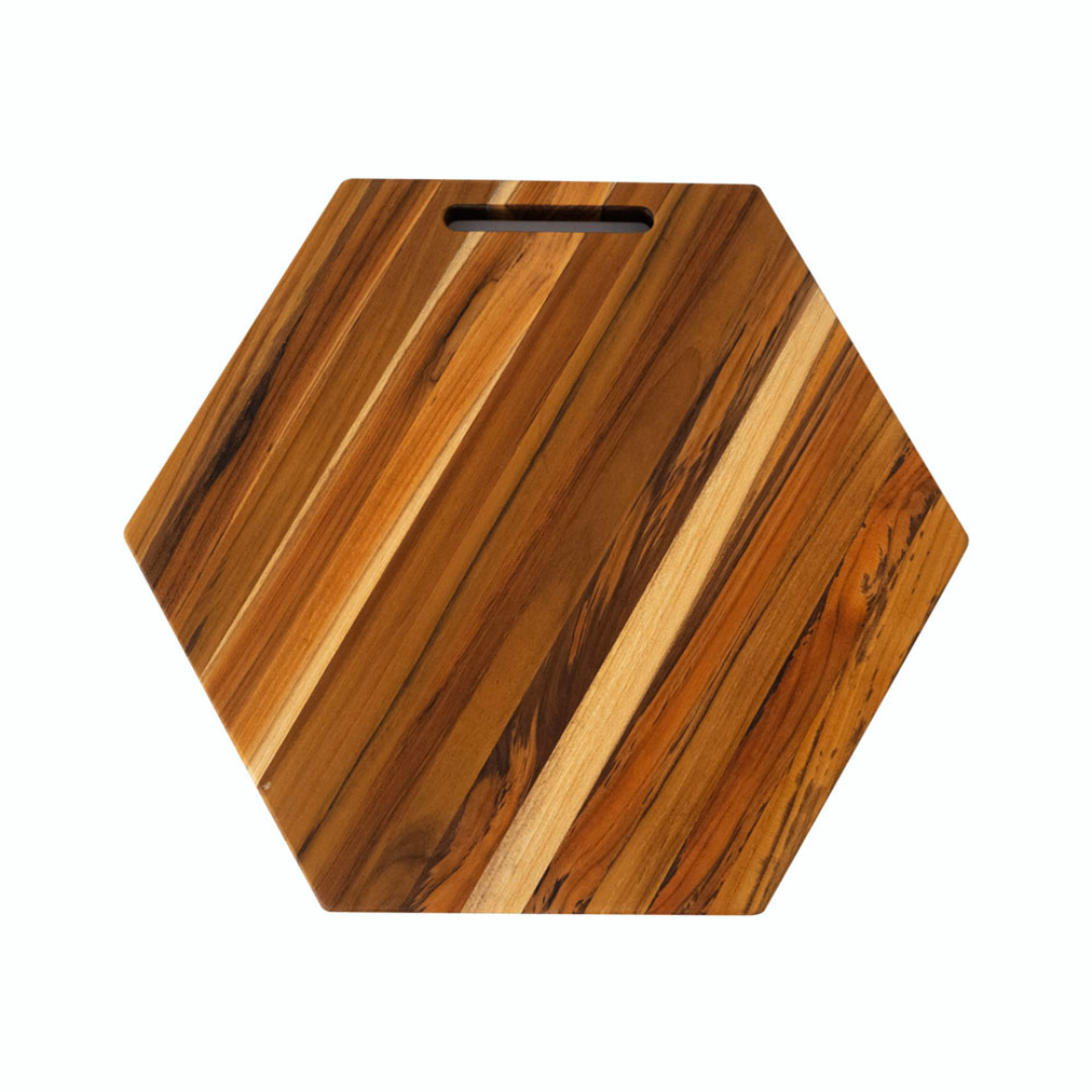 Hexagonal teakwood cutting and serving board featuring a built-in hanging hole on a white background.