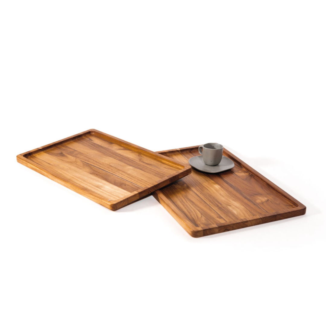 Nordic style teakwood serving tray set styled with a small grey coffee cup on a white background.