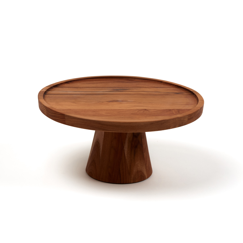 Small round teakwood cake stand with a conical base and natural wood grain, shown on a white background.