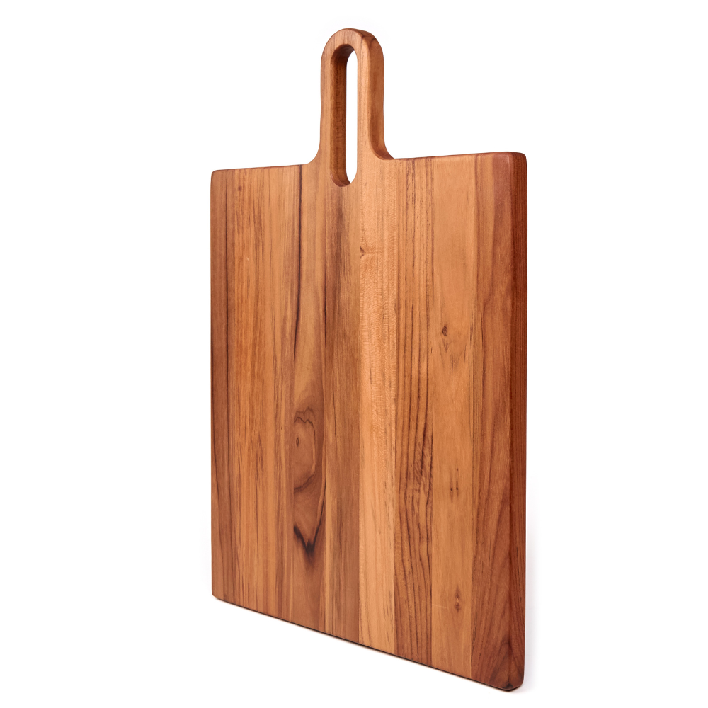 Square teakwood serving board with a long integrated handle and rich natural grain on a white background.