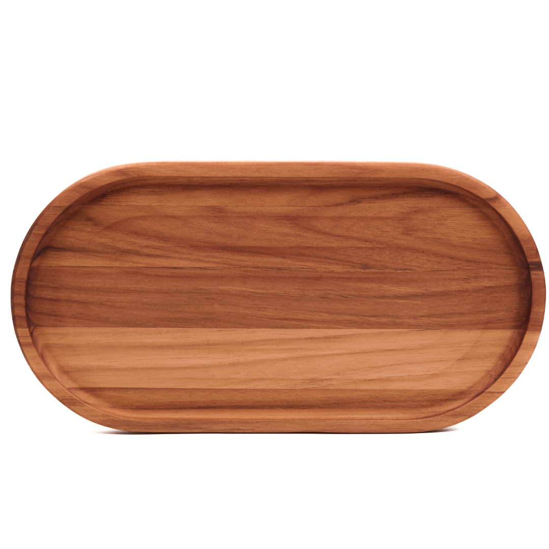 Essential medium oval teakwood serving tray with a narrow rim shown on a plain white background.