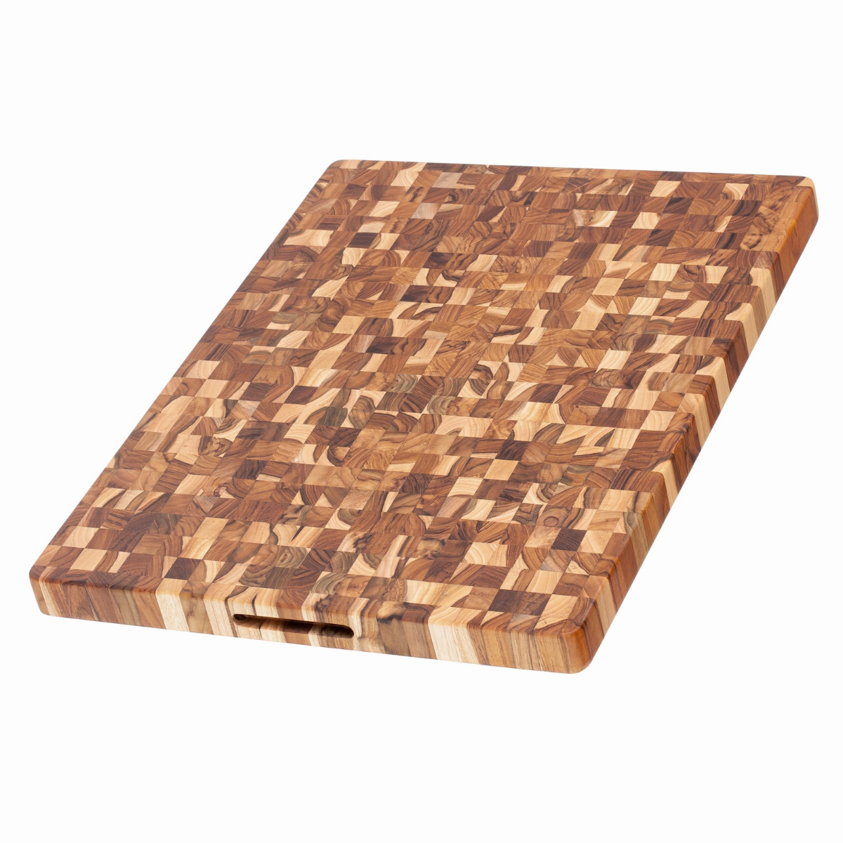 Heavy-duty end grain teak butcher block cutting board with convenient hand grip.