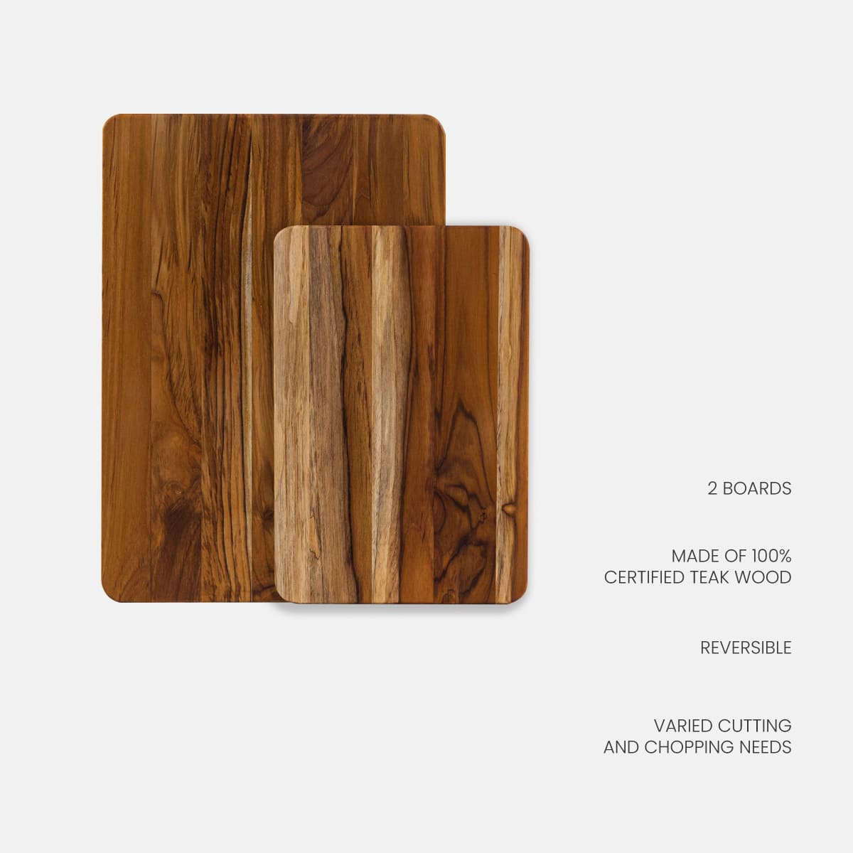 Two rectangular edge grain teak cutting boards in small and large sizes from the Essential Duo Set.