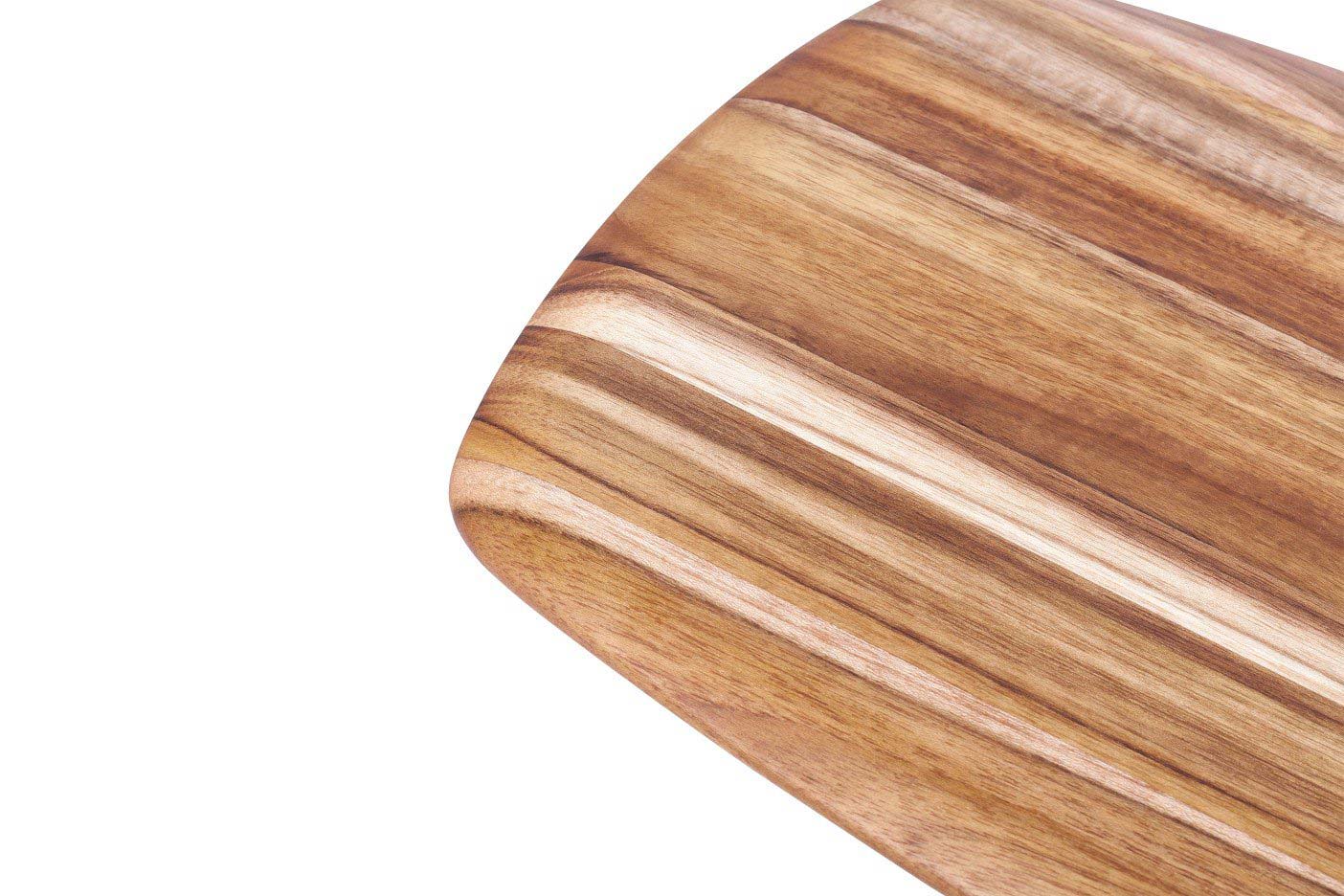Detailed view of a rounded edge teakwood serving board showing natural wood grain and a slim, lightweight profile.