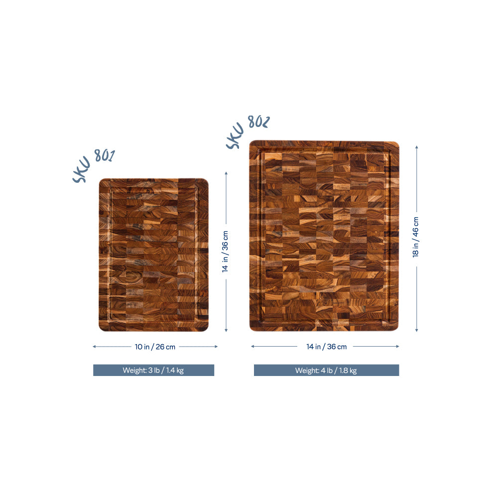 Two teak end grain cutting boards with juice canals, shown in two sizes with dimensions and weight specifications.