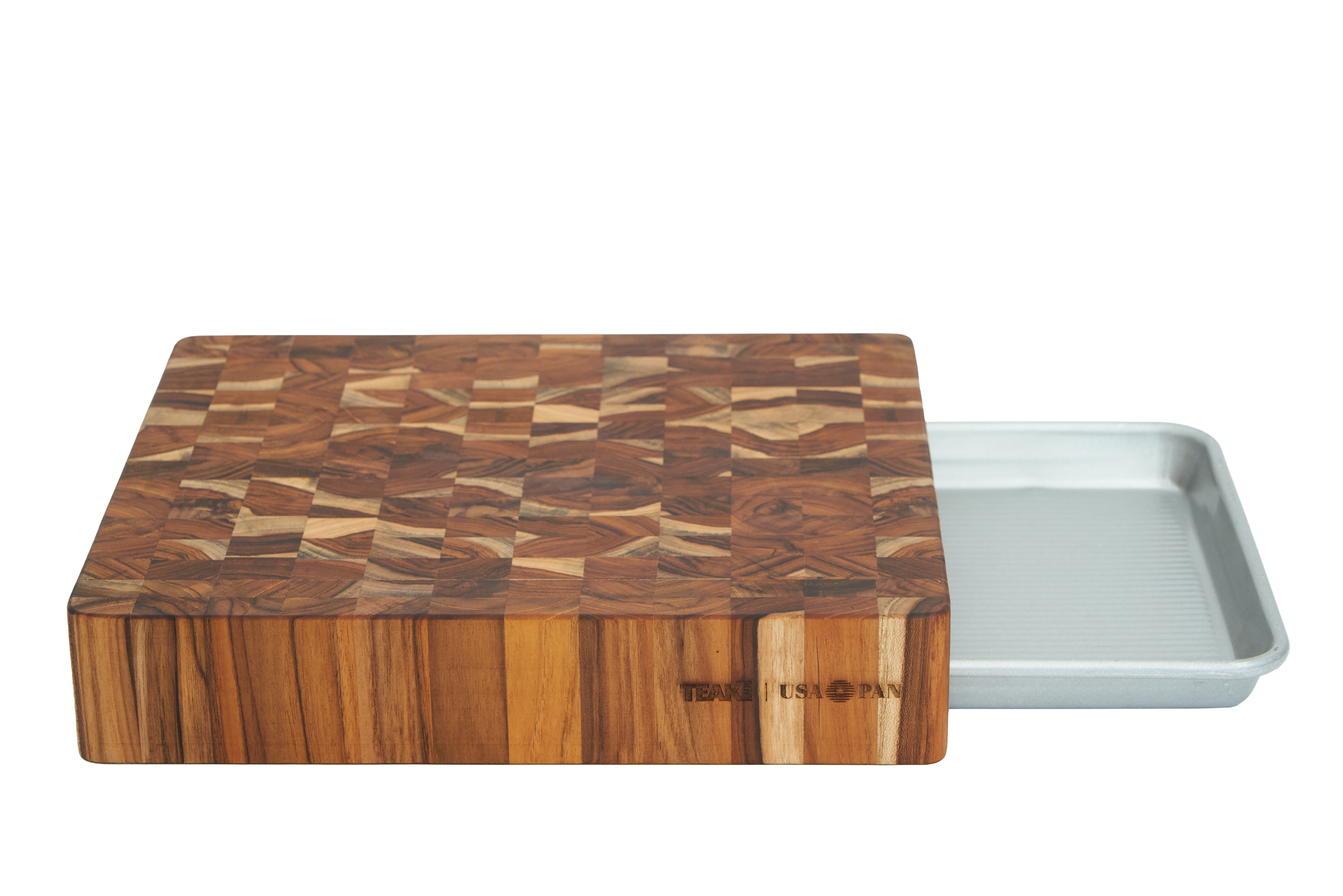 Prep to Pan End Grain Cutting Board with Quarter Sheet Pan — TeakHaus × USA Pan 2007