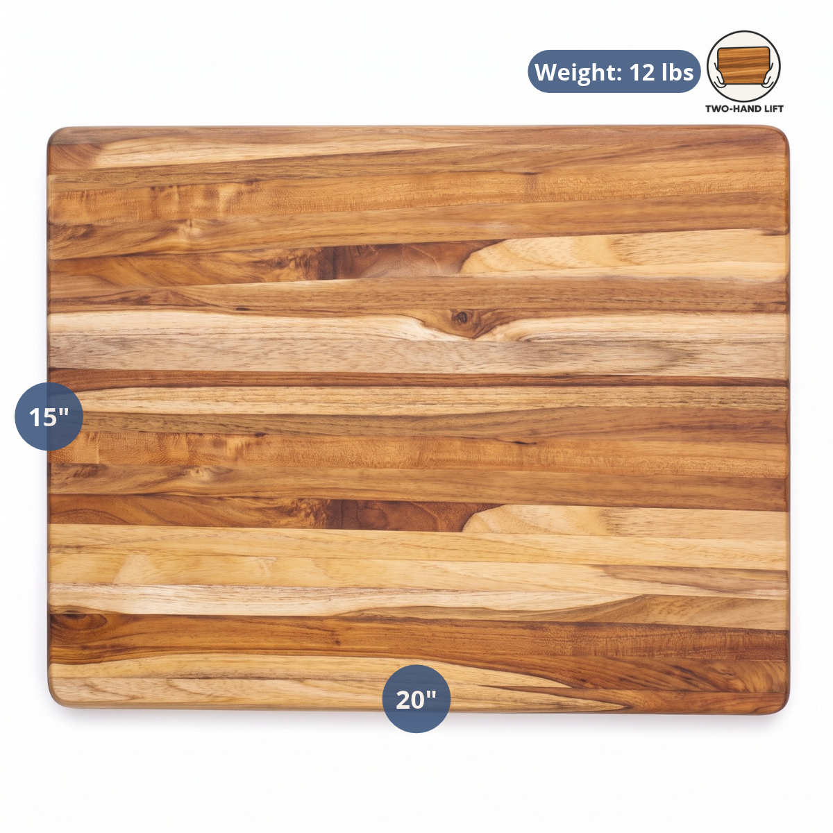 Large teak edge grain cutting board with dimension overlays showing 20 by 15 inches and 12 lbs weight.