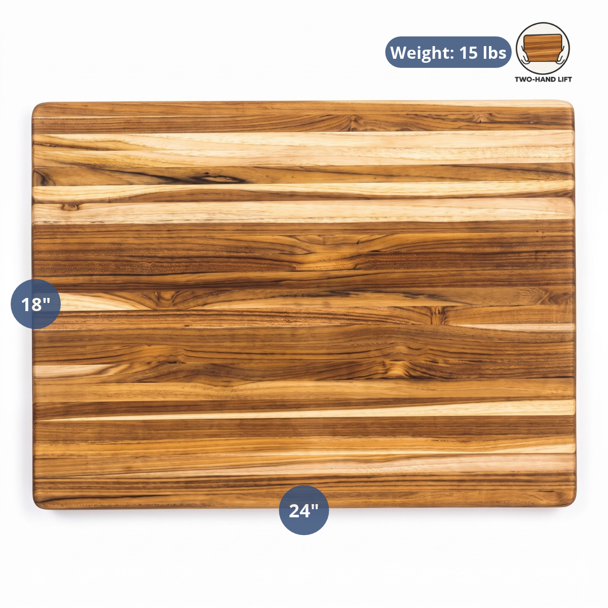 Extra-large edge grain teak wood cutting board with 24x18 dimensions and weight details.