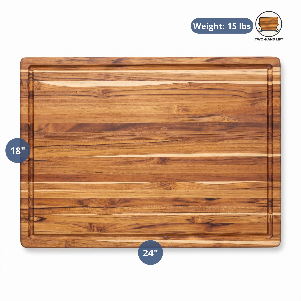 Extra-large teak wood carving board featuring dimension overlays and a juice canal.