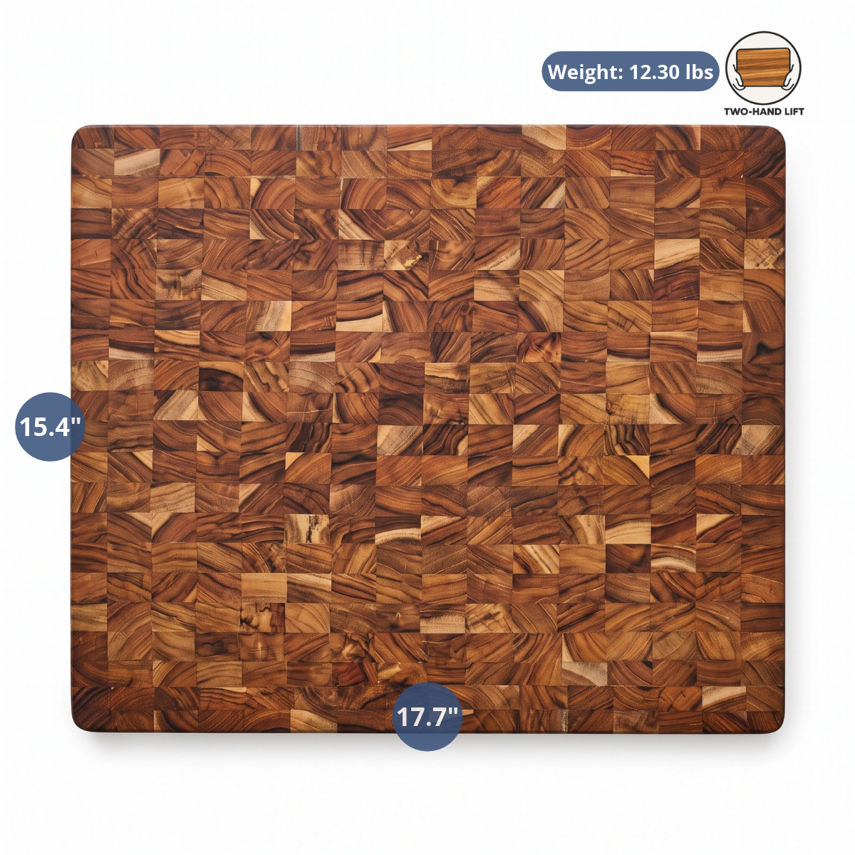 Teakhaus end grain cutting board featuring a detailed wood checkerboard pattern with overlaid product dimensions and weight specs.