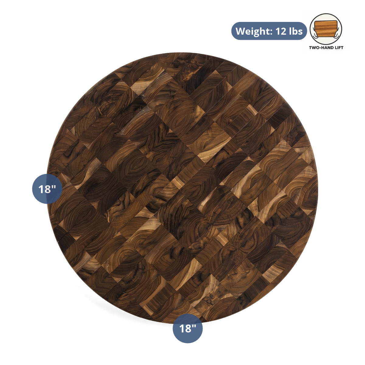 Large round end grain teak butcher block cutting board with 18-inch diameter and 12-pound weight.