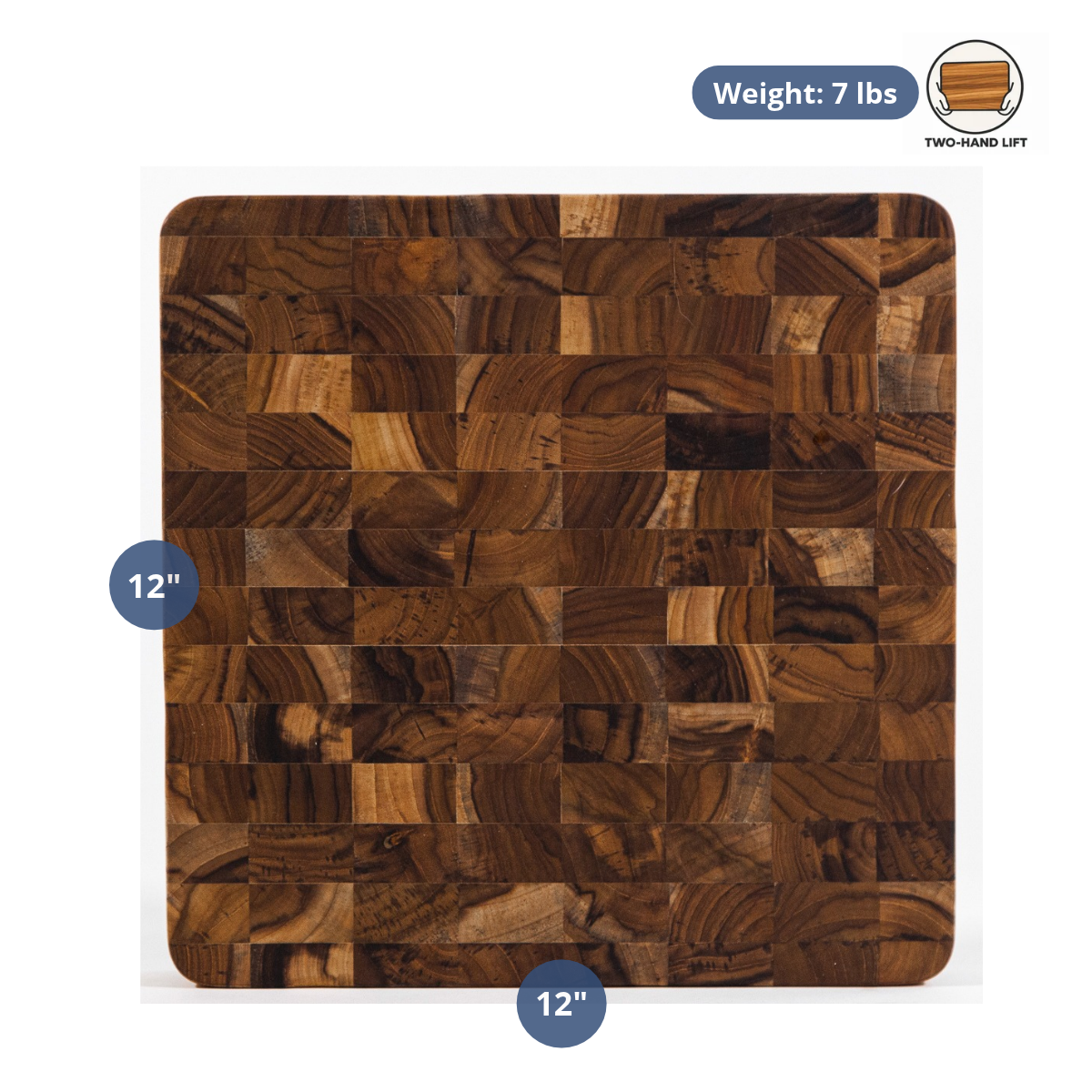 Thick square teak butcher block cutting board featuring an end-grain wood pattern with dimension callouts.