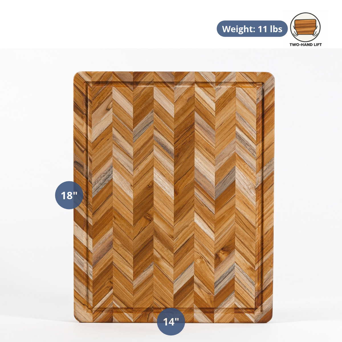 Large herringbone teak cutting board displaying dimensions of 18 by 14 inches and a weight of 11 lbs.