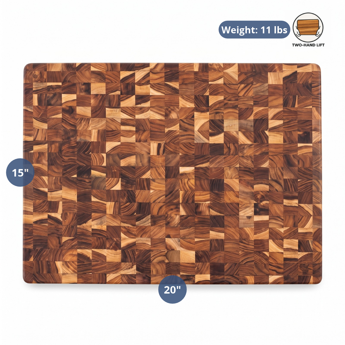 Large heavy-duty end grain teak butcher block cutting board with dimension and weight overlays.