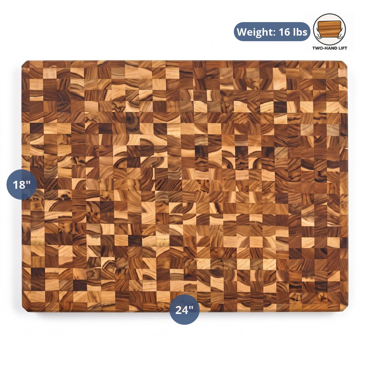 Extra large 24x18 inch end grain teak butcher block cutting board with dimensional callouts and weight.