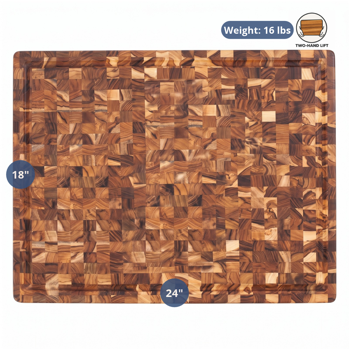 Large end grain teak butcher block carving board with dimension and weight callouts.