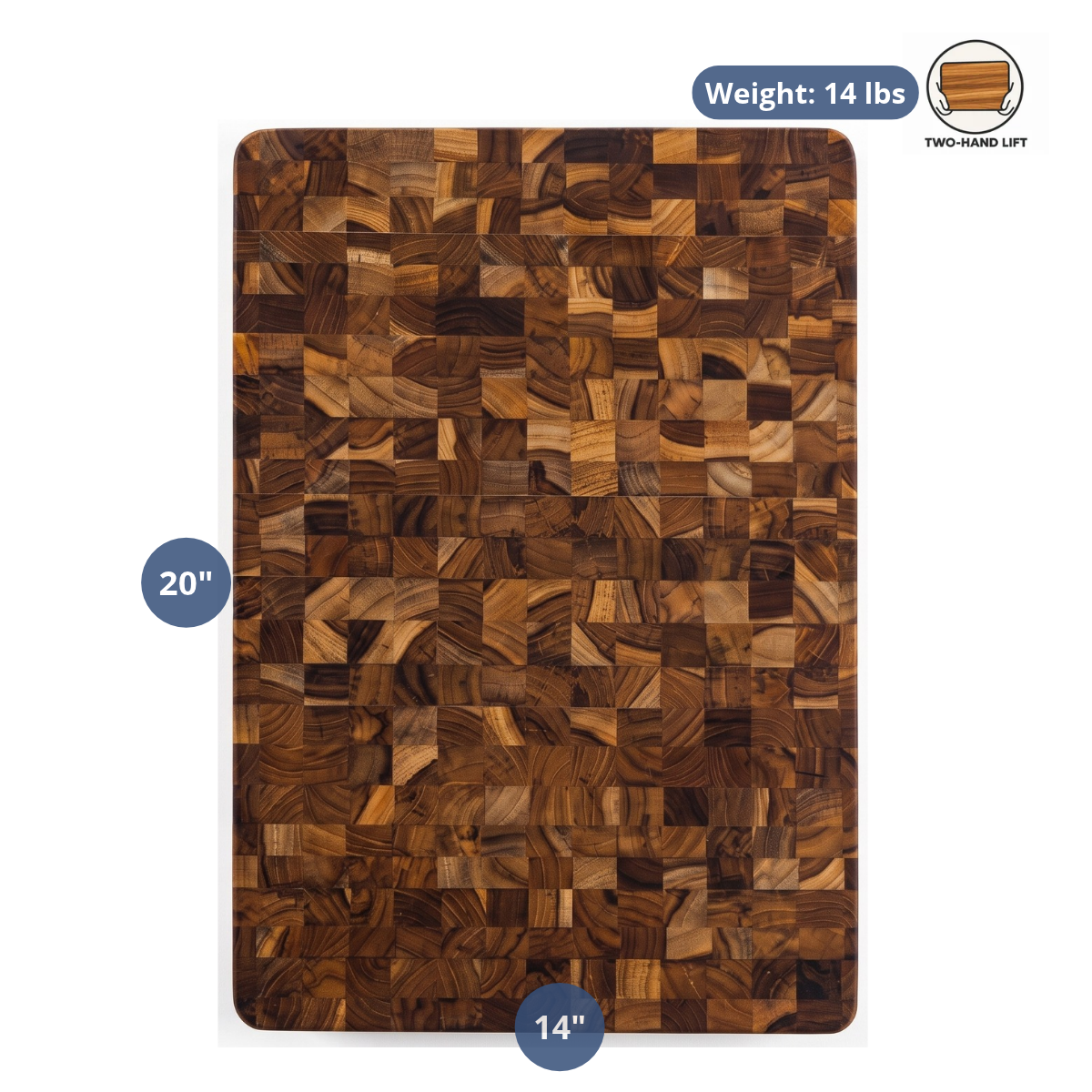 Extra-thick end grain teak butcher block showing dimensions, weight, and check-icon details.