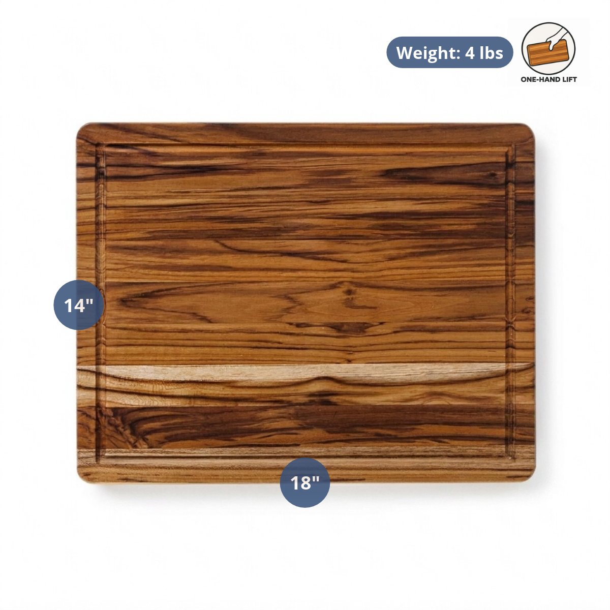 Thin lightweight teak cutting board showing dimensions of 18 by 14 inches and a weight of 4 pounds.