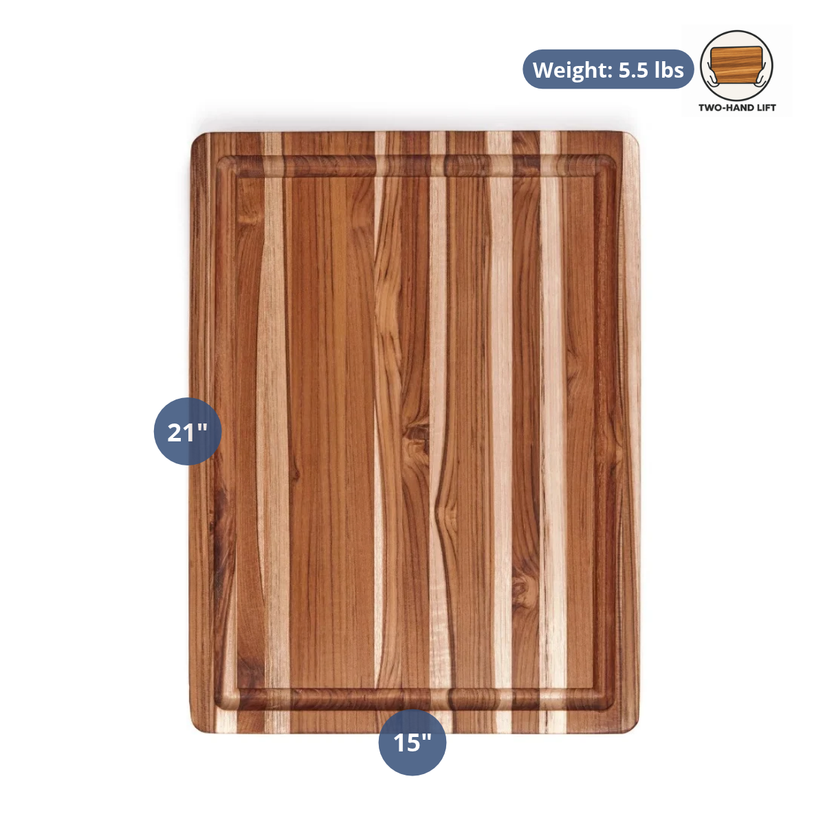 Large Scandi teak grill master and BBQ board with dimensions of 21 by 15 inches and weight and size indicators.