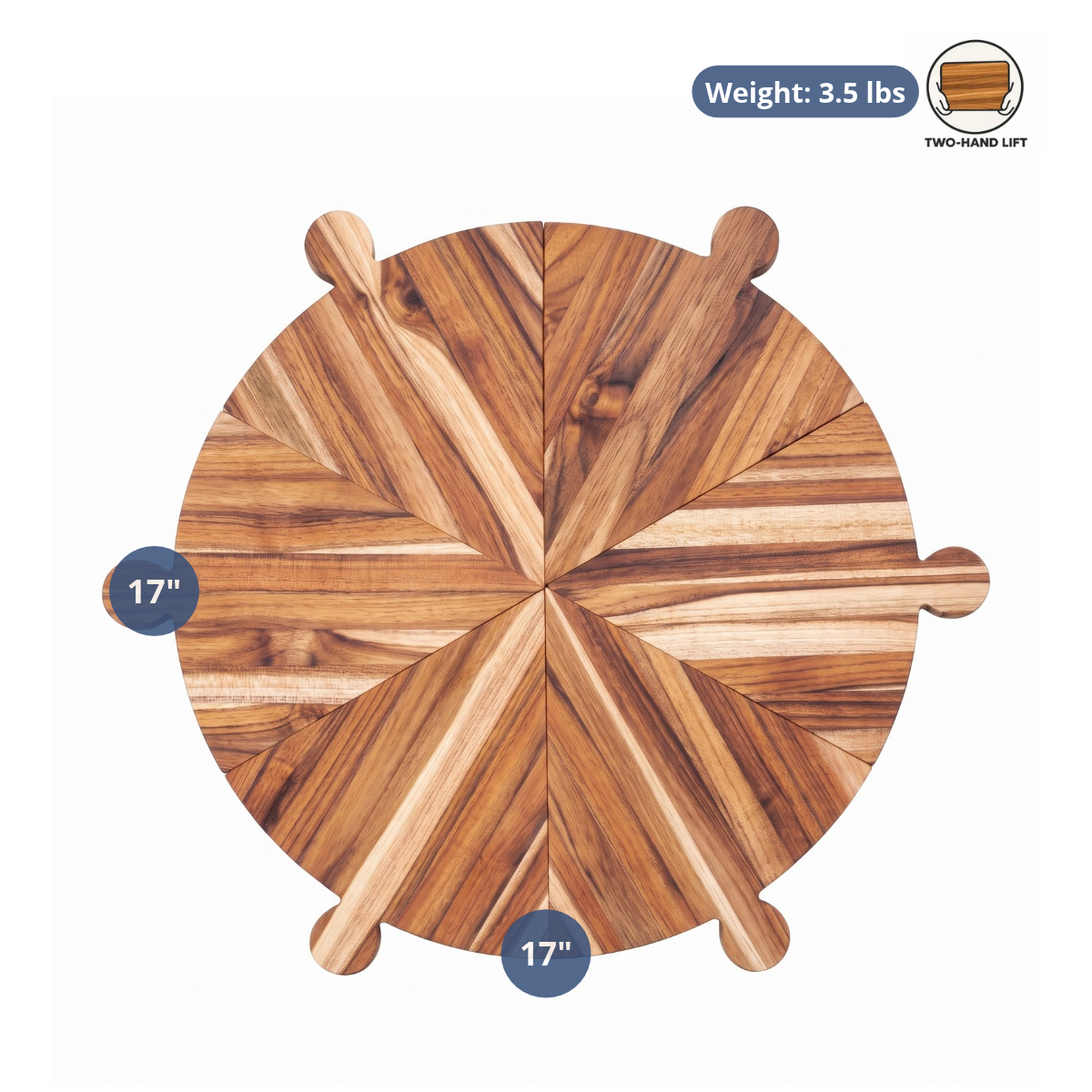 Six triangular teakwood pizza wedges locked into a round serving platter with mini handles, showing dimensions and weight.