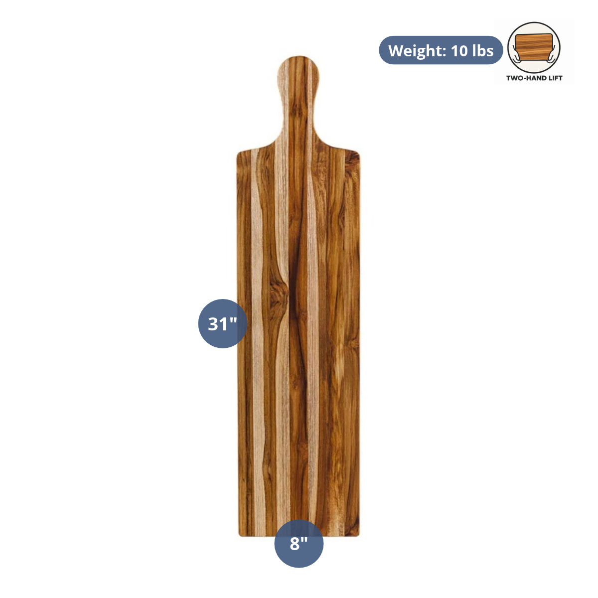 Large rectangular teak table plank serving board featuring dimension and weight specifications.